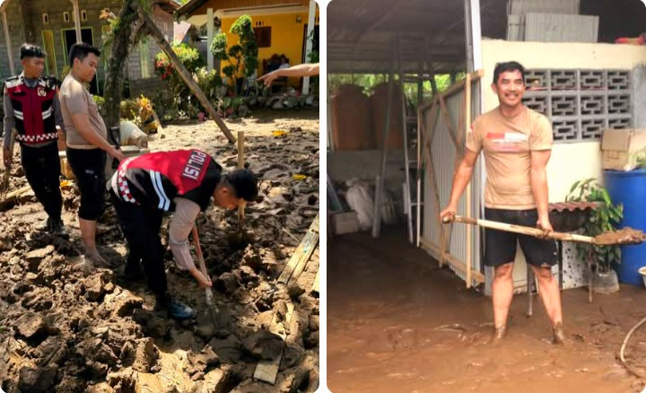 Kabag Ops Pimpin Puluhan Personel Bersihkan Matrial Lumpur Akibat Banjir, Di Area Pemukiman Warga